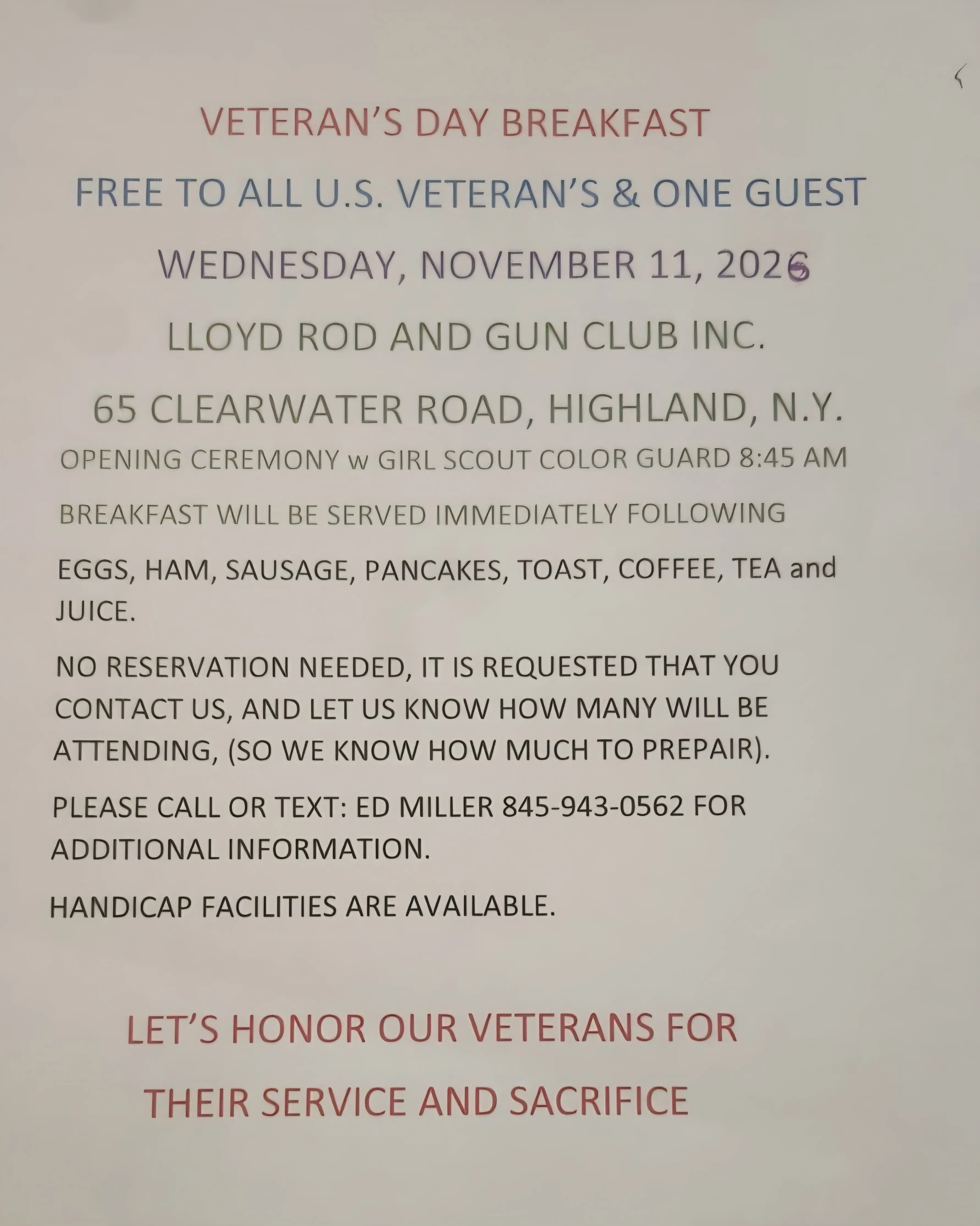 Lloyd Rod and Gun Club to Host Free Veterans Day Breakfast – November 11, 2026