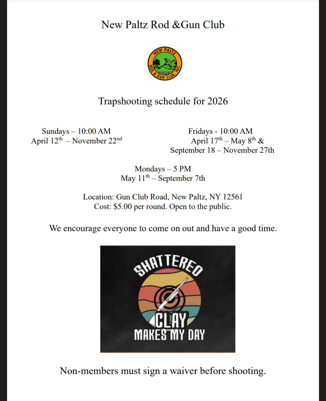 New Paltz Rod & Gun Club Trapshooting Schedule 2026